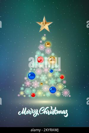 Weihnachtsbaumkarte mit Schneeflocken und Kugeln. Weihnachtsbaum mit goldenem Stern und Kugeln. Grußposter für die Winterferien. Stock Vektor
