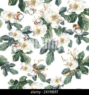 Nahtloses Muster. Feigenblüten und grüne Blätter. Goldene Zweige. Aquarellzeichnung auf weißem Hintergrund. Stockfoto