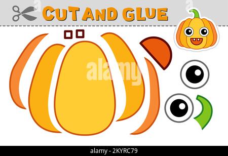 Schneide die Verkleidung aus und Klebe einen Kürbis. Vektordarstellung. Papierspiel für die Kreativität, Aktivität und das Lernen von Kindern Stock Vektor