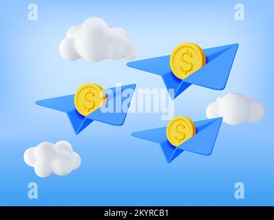 3D Papierflugzeug mit Goldmünze Stock Vektor
