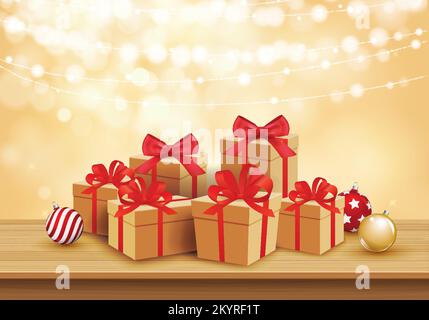 Weihnachtsglaskugel und geschenkbox mit Platz für Text. Stock Vektor
