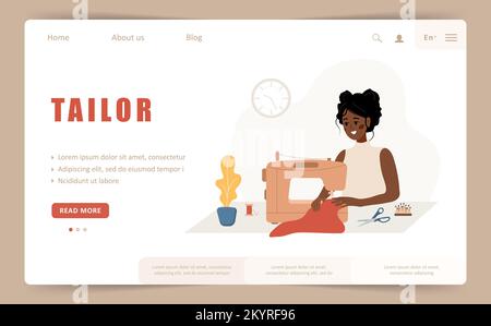 Passen Sie die Landing-Page- oder Web-Banner-Vorlage an. Eine afrikanische Näherin an der Nähmaschine näht Kleidung. Modedesigner oder Schneiderin. Vektor Stock Vektor