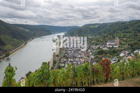 Panoramabild von Oberwesel in der Nähe des Rheins, Rheintal, Deutschland Stockfoto