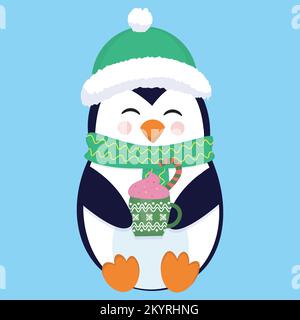 weihnachtsfigur eines Pinguins mit grünem Hut und Schal und einer Tasse Kakao in den Händen Stock Vektor