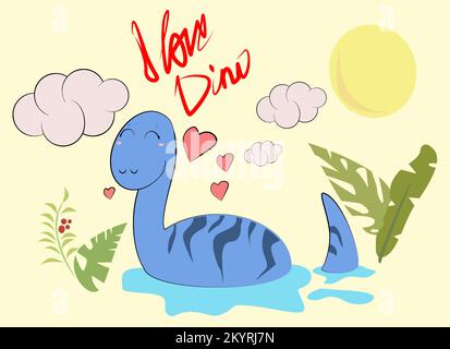 Cartoon-Dinosaurier im Wasser und Inschrift Ich liebe Dinosaurier Stock Vektor