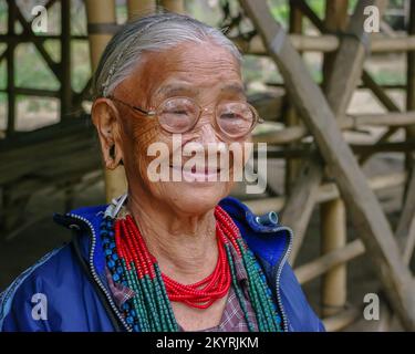 Upper Subansiri, Arunachal Pradesh, Indien - 11 15 2010 : Außenportrait einer lächelnden alten Adi Galong oder einer Stammesfrau aus Galo in traditioneller Halskette Stockfoto