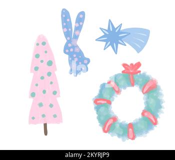 Eingestellt von Weihnachten und Neujahr Elemente mit Tieren und Santa. Vector Illustration. Stock Vektor