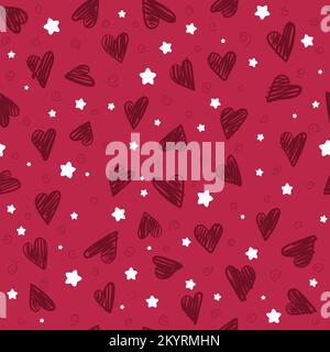 Nahtlos romantisches Muster mit Hand zeichnenden Herzen. Hintergrund zum Valentinstag. Süße Konsistenz für Kinder. Vektordarstellung. Viva Magenta in trendigen Farben. Stock Vektor
