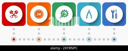 Fahrzeugservice und Werkstattvektorsymbole, Webknopfsammlung mit flachem Design für Autoreparaturen, Infografik-Vorlage für Geschäftskonzepte Stock Vektor