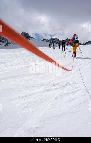 Tour in großer Höhe, Skitouristen, die an einem Seil über den Alpeiner Ferner Gletscher laufen, Winter in den Bergen, Neustift im Stubai-Tal, Tirol, Österreich, EU Stockfoto