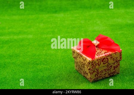 Littlegift Kasten mit einer Schleife platziert auf dem grünen Rasen Stockfoto