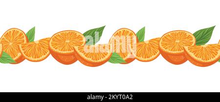 Nahtloser Vektorrahmen mit orangefarbenen Schichten und Blättern. Horizontaler Frieze mit saftigen Früchten und Laub. Sommergürtel mit köstlichen Zitrusfrüchten Stock Vektor