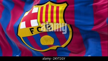 Barcelona, Spanien, Mai 2022: Nahaufnahme der Flagge des FC Barcelona . Der FC Barcelona ist ein spanischer Profifußballverein mit Sitz in Barcelona Stockfoto