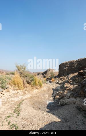 Trockenes Flussbett in den Hajar-Bergen der Vereinigten Arabischen Emirate mit klarem blauem Himmel, VAE, Wüstenlandschaft mit Kopierbereich Stockfoto