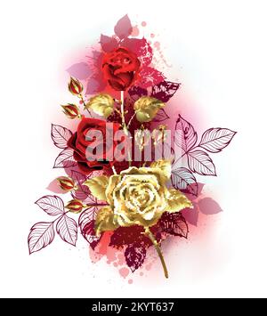 Kleiner Strauß luxuriöser, kunstvoll gestrichener Gold- und roter Rosen mit goldenen und roten Blättern auf weißem Hintergrund. Goldene Rose. Stock Vektor