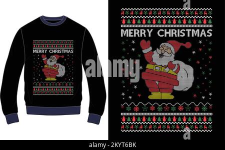 MERRY CHRISTMAS Hässliches T-Shirt-Design mit Pullover-Muster. Weihnachtsbaum, weihnachtsmann, Lebkuchentexte und Ornamente Stock Vektor