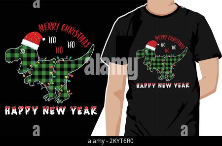 Merry Christmas Dinosaurier-T-Shirt-Design. Baum-Rex mit Weihnachtsmannmütze. Karo schmückt mit Lichtern Stock Vektor