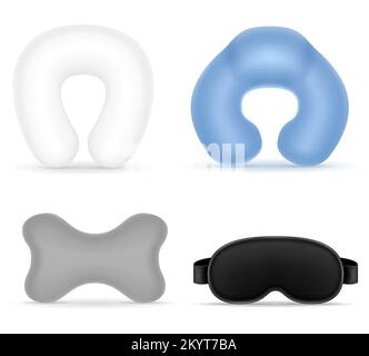 Legen Sie Kissen und Maske für die Schlafenszeit während der Reise für die Darstellung des Transportvektors isoliert auf weißem Hintergrund fest Stock Vektor