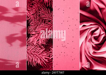 Collage aus dem Farbfoto des Jahres 2023. Viva Magenta Farbtrends. Stockfoto
