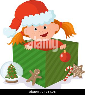 Weihnachtsabbildung mit einem süßen Mädchen in einer Schachtel. Geschenk mit einem süßen Mädchen in einem Weihnachtsmannmütze mit Weihnachtsdekoration. Vektorabbildung für eine Karte oder ein Poster. Stock Vektor