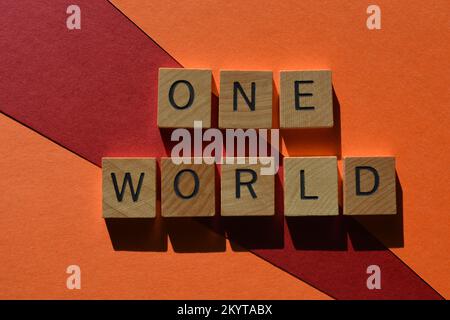One World, Wörter in hölzernen Alphabeten isoliert im Hintergrund Stockfoto