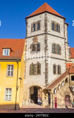 Eingangsturm des historischen Moritzburger Schlosses in Halle Stockfoto