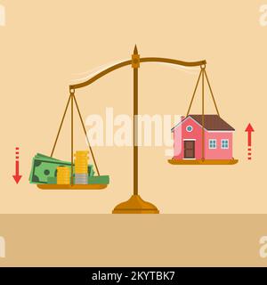 Gewichtswaage mit viel Geld auf einem Teller und ein Haus auf dem anderen Teller: Auswirkungen der Inflation auf Immobilieninvestitionen Stock Vektor