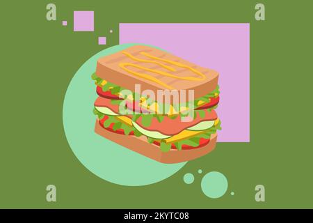 Auswahl an köstlichen, saftigen Sandwiches gefüllt mit Gemüse, Käse, Fleisch, Speck. Vektordarstellung im flachen Cartoon-Stil Stock Vektor