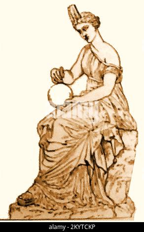 Eine Illustration AUS dem 19.. Jahrhundert von URANIEN die griechische mythologische Muse der Astronomie, christlicher Poesie und Sterne , die einen Globus oder Planeten beherbergt. ------------------------ poΜια απεικόνιση του 19ου αιώνα της ΟΥΡΑΝΊΑς, της ελληνικής μυθολογικής μούσας της αστρονομίας, της χριστιανικής ποίησης και των άστρων που κρατούν μια υδρόγειο σφαίρα ή έναν πλανήτη. Stockfoto