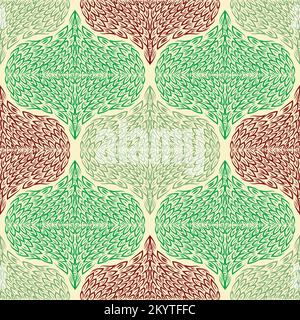 Abstraktes Ogee-Laub-Vektor-nahtloser Musterhintergrund mit handgezeichneten dichten Zierblättern. Rot-grün Elegantes geometrisches Blattdesign im Damast-Stil Stock Vektor