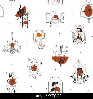 Handgezeichnete abstrakte Vektorgrafik Clipart Illustration Bho Cowgirls Konzept nahtlose Musterzusammensetzung. Wild Western Designkonzept. Bohemian Wild Stock Vektor