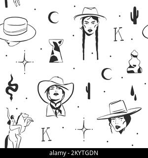 Handgezeichnete abstrakte Vektorgrafik Clipart Illustration Bho Cowgirls Konzept nahtlose Musterzusammensetzung. Wild Western Designkonzept. Bohemian Wild Stock Vektor