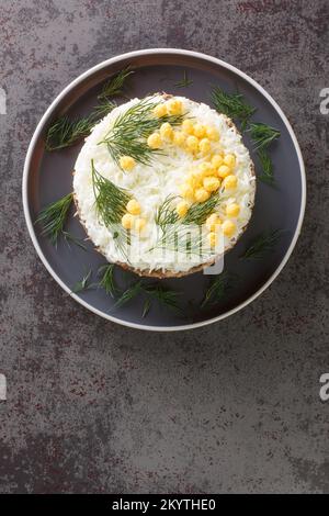 Festlicher russischer Salat Mimosa mit Gewürzkonserven, Kartoffeln, Käse, Karotten und Eiern auf dem Teller auf dem Tisch. Vertikale Draufsicht von oben Stockfoto