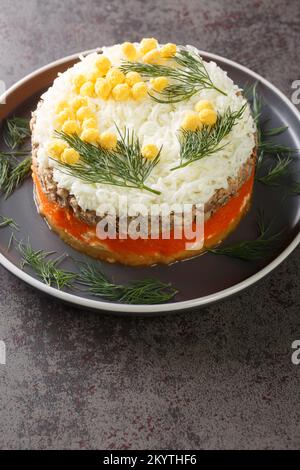 Traditioneller russischer Salat Mimosa mit Gemüse, Eiern und Fischkonserven auf dem Teller auf dem Tisch. Vertikal Stockfoto