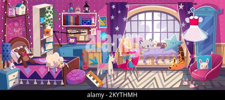 Mädchenschlafzimmer, hübsches Zimmer im Prinzessinnen-Stil und in pinkfarbenen Farben. Bett, Fenster mit Vorhang, Schrank, Regal, Kleiderbügel und Spielzeug, komfortables Mädchen Stock Vektor