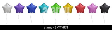 3D glänzender, farbenfroher Stern, glänzender Helium-Luftballon, isoliert auf transparentem Hintergrund. Vektor realistisch Gold, Silber, Weiß, goldfarben Stock Vektor
