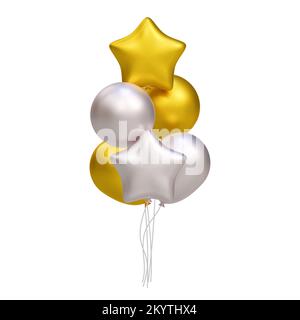 Ein Haufen realistischer 3D goldener und silberner Ballons. Vektorbilddekoration für Karte, Party, Design, Flyer, Poster, Banner, Web, Werbung Stock Vektor