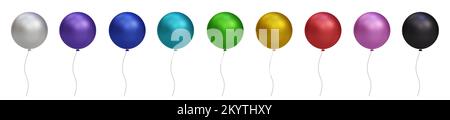 3D glänzendes, farbenfrohes, glänzendes Helium-Luftballon-Set, isoliert auf transparentem Hintergrund. Vektor realistisch Gold, Silber, Weiß, goldfarben und Schwarz Stock Vektor