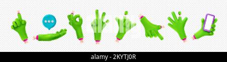 Zombie-Handgesten auf transparentem Hintergrund. Grüne Monsterfinger mit gruseligen Knochen, die zeigen, okay, Sieg, hallo, nenn mich Gesten, Hold SM Stock Vektor