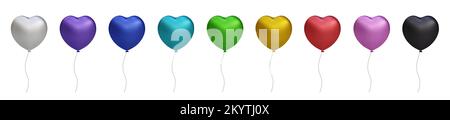 3D glänzendes, farbenfrohes Herz, glänzendes Helium-Luftballon-Set, isoliert auf transparentem Hintergrund. Vektor realistisch Gold, Silber, Weiß, goldfarben Stock Vektor