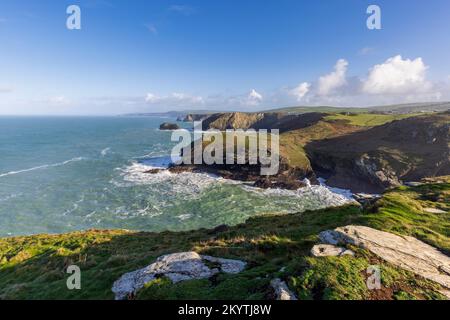 Tintagel Haven, Barra Nose und die Küste von Nord-Cornwall von Tintagel Island, Cornwall, England Stockfoto