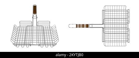 Grillgitter, Grillkorb, Stahlausstattung zum Kochen auf einem Bräuner oder einer Grillmaschine, Vorderansicht und Draufsicht isoliert auf weißem Hintergrund. Picknick-Werkzeug mit w Stock Vektor