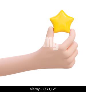 3D Cartoon-Hand mit gelbem Stern. Vektordarstellung. Feedback-Zeichen, Bewertung, gute Bewertung, Unterstützung des Kundenservice erfolgreich Stock Vektor