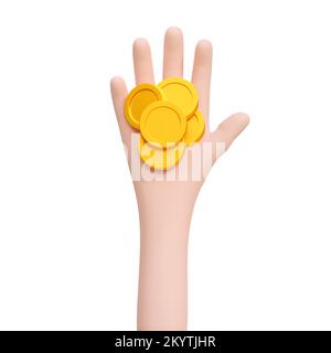 3D Goldmünze rendern. Geld in der Hand halten. Online-Zahlung, Finanzen, Investitionen, Geldsparkonzept. Vektordarstellung isoliert Stock Vektor