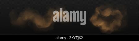 Braune Staubwolken mit Sand- und Schmutzpartikeln auf schwarzem Hintergrund isoliert. Textur von Pulverspritzern und Flüssen. Abstrakte Rauch- und Staubspritzer, Stock Vektor