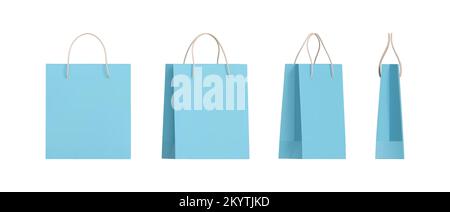 Set mit 3D blauen Einkaufstaschen aus Papier mit verschiedenen Winkeln. Vorder- und Seitenansicht der Einkaufspackung, leeres Modell. Realistischer Vektor Stock Vektor