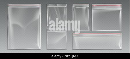 Druckverschlussbeutel aus Kunststoff, leere Druckverschlussbeutel isoliert auf transparentem Hintergrund. Wasserdichte leere Einwegverpackungen oder -Umschläge aus Polyethylen, Modell Reali Stock Vektor