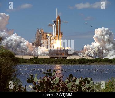 STS-66-Start - Hunderte von Vögeln streuen sich, während die typische ruhige Reanimation ihres Tages vorübergehend durch das Brüllen eines Space Shuttles unterbrochen wird, das vom Boden stürzt. Der Orbiter Atlantis kehrte nach einer etwa zweijährigen Abwesenheit zurück, mit einem Start vom Startpunkt 39B um 11:59:43 GESCH. Der geplante 11-tägige Flug der Space Shuttle Mission STS-66 wird die Mission der NASA zum Planeten Erde fortsetzen, eine umfassende internationale Zusammenarbeit, um zu untersuchen, wie sich die Umwelt der Erde verändert und wie Menschen diese Veränderung beeinflussen. Stockfoto