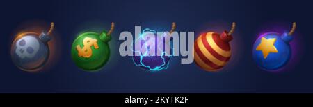 Bomben mit Fuse Requisiten Spielsymbole. Explosive Militärwaffe mit Seildocht, Schädel, Dollarzeichen, elektrischen Leuchtmitteln, Streifen und Stern. Cartoon Metall B Stock Vektor