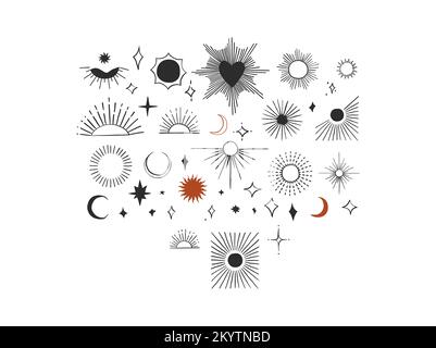 Handgezeichnete abstrakte Vektorgrafiken Clipart Illustrationen Kollektion Strichkunst Sonnenschein, Mond und Sterne. Einfaches Designkonzept. Böhmisch Stock Vektor
